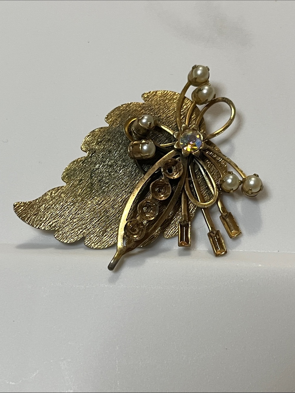 Vintage Gold Leaf Brooch with Pearl Clusters and Aurora Rhinestone